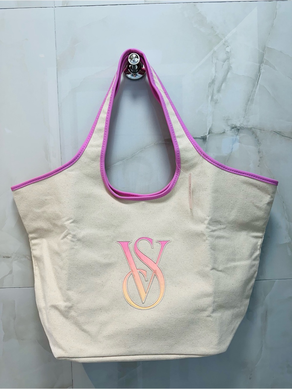 Victoria’s Secret Cream Canvas with Ombre Monogram VS and Pink Details Tote Bag